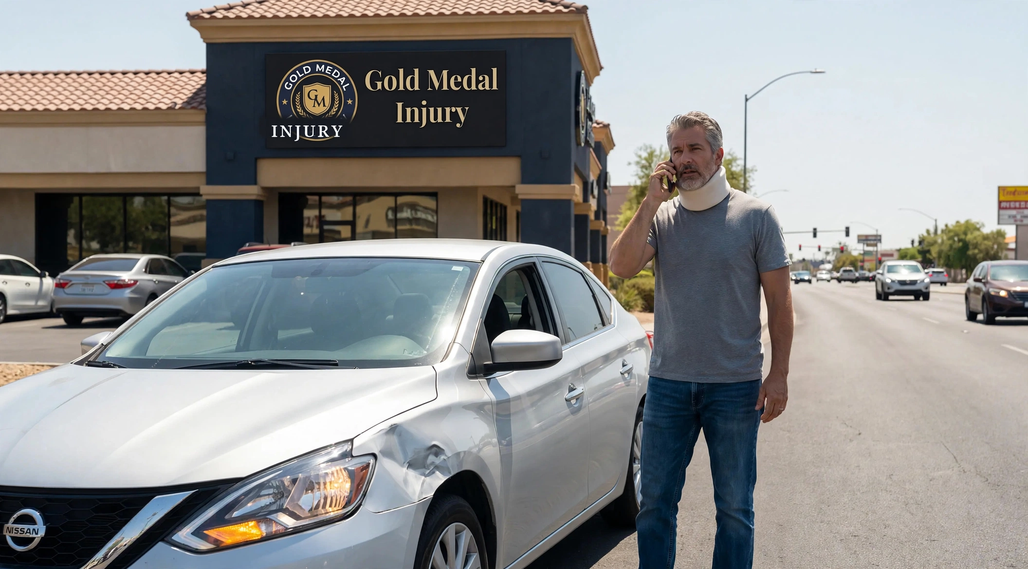 A Gold Medal Injury client on the phone beside their damaged car, moments after a crash