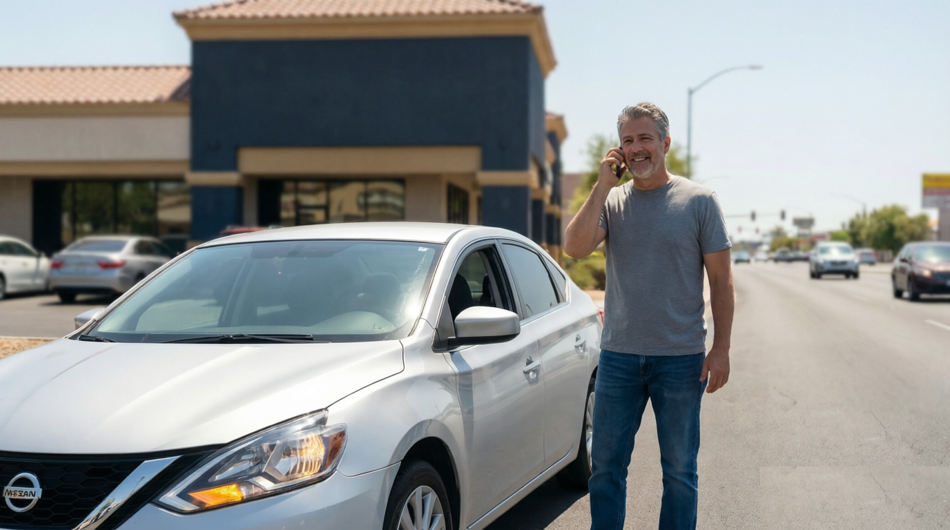 The same Gold Medal Injury client, recovered, beside their fully repaired car